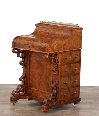 Lot 1545 - A 19TH CENTURY BURR WALNUT PIANO-TOP DAVENPORT