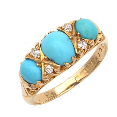 Lot 377 - A VICTORIAN 18CT YELLOW GOLD TURQUOISE AND DIAMOND RING