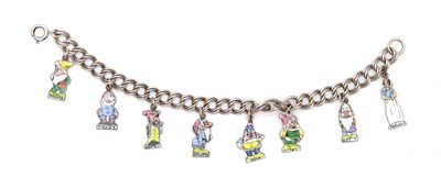Lot 320 - A VINTAGE STERLING SILVER CURB LINK CHARM BRACELET WITH ENAMEL SNOW WHITE AND THE SEVEN DWARFS CHARMS