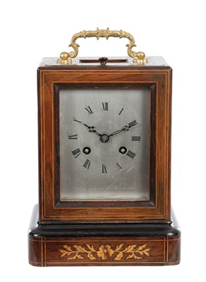 Lot 1313 - A 19TH CENTURY FRENCH ROSEWOOD AND MARQUETRY MANTEL CLOCK