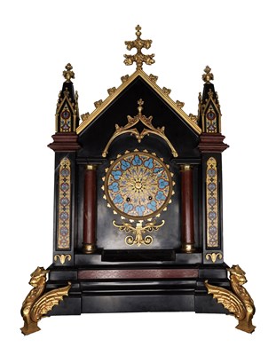 Lot 1272 - A LARGE LATE 19TH CENTURY FRENCH GOTHIC REVIVAL CHAMPLEVE ENAMEL AND MARBLE MANTEL CLOCK