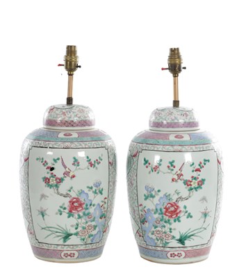 Lot 475 - A PAIR OF 19TH CENTURY CHINESE FAMILLE ROSE PORCELAIN JARS AND COVERS CONVERTED TO TABLE LAMPS