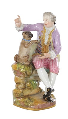 Lot 53 - A 19TH CENTURY MEISSEN PORCELAIN FIGURE OF A GENTLEMAN WITH A DOG