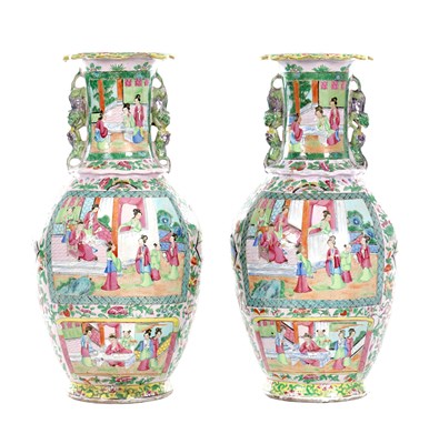 Lot 388 - A PAIR OF 19TH CENTURY CHINESE CANTON FAMILLE ROSE PORCELAIN VASES
