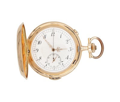 Lot 1127 - A SWISS 14CT GOLD QUARTER REPEATING CHRONOGRAPH POCKET WATCH