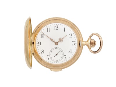 Lot 1103 - A SWISS 14CT GOLD QUARTER REPEATING HUNTER POCKET WATCH