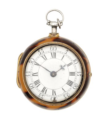 Lot 1158 - AN 18TH CENTURY ENGLISH SILVER AND TORTOISESHELL PAIR CASED VERGE FUSEE POCKET WATCH