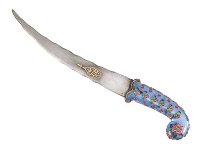 Lot 629 - A LATE 19TH CENTURY PERSIAN ENAMEL-HILTED STEEL KHANJAR