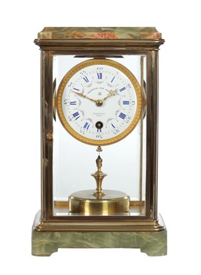 Lot 1324 - CLAUDE GRIVOLAS A FRENCH EARLY 20TH CENTURY BRASS AND ONYX CASED FOUR GLASS 400 DAY TORSION CLOCK