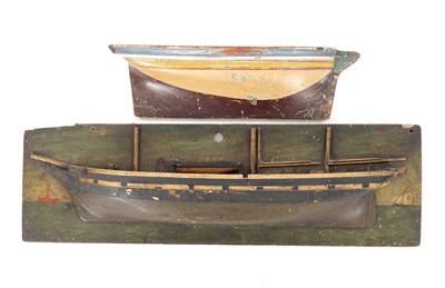 Lot 1072 - TWO 19TH CENTURY PAINTED WOOD HALF HULL SHIP MODELS
