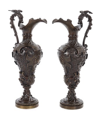 Lot 955 - A PAIR OF LATE 19TH CENTURY FRENCH BRONZE EWERS
