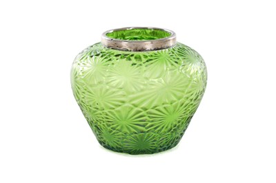 Lot 8 - A WILHELM KRALIK SOHN ELENORENHAIN GREEN GLASS ‘LEAF’ VASE WITH SILVER COLLAR