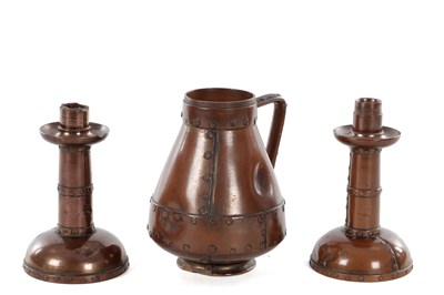 Lot 67 - A LATE 19TH CENTURY RIVETED STONEWARE COPPER LUSTRE ROYAL DOULTON LAMBETH TRIO