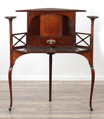 Lot 1362 - A LATE 19TH CENTURY ART NOUVEAU MAHOGANY CORNER DESK AND DISPLAY UNIT
