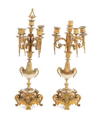 Lot 922 - A PAIR OF LATE 19TH CENTURY FRENCH MARBLE AND ORMOLU CANDELABRA