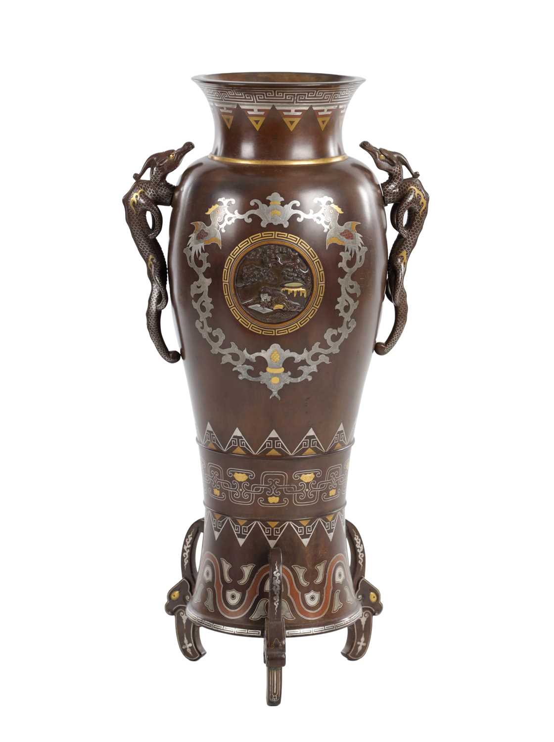 Lot 563 - A FINE JAPANESE MEIJI PERIOD MIXED METAL INLAID BRONZE VASE