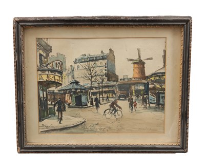 Lot 716 - A MID 20TH CENTURY FRENCH WATERCOLOUR PARIS STREET SCENE WITH THE MOULIN ROUGE