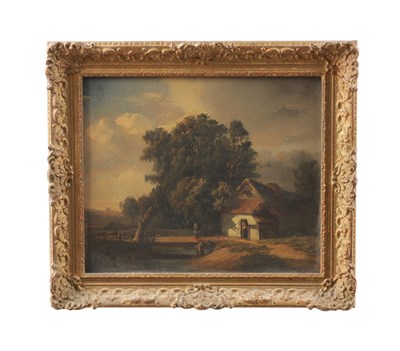 Lot 661 - A 19TH CENTURY OIL ON BOARD LANDSCAPE WITH COTTAGE AND FIGURE