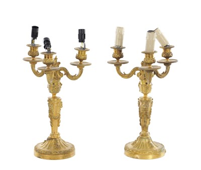 Lot 901 - A PAIR OF 19TH CENTURY FRENCH GILT BRONZE THREE-LIGHT CANDELABRA