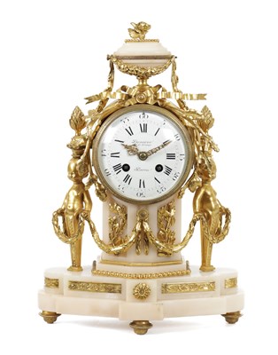 Lot 1295 - A 19TH CENTURY FRENCH ORMOLU AND WHITE MARBLE MANTEL CLOCK BY DENIERE
