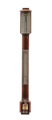 Lot 1206 - DOLLAND, LONDON A LATE GEORGE III BOWFRONT FIGURED MAHOGANY STICK BAROMETER