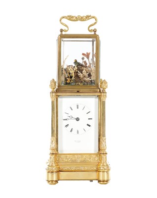 Lot 1331 - JAPY FRERES & CIE. A RARE 19TH CENTURY FRENCH GILT BRASS AUTOMATION SINGING BIRD CARRIAGE CLOCK