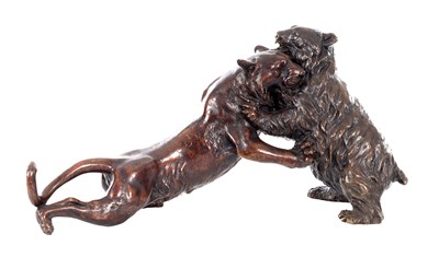 Lot 504 - A JAPANESE MEIJI PERIOD BRONZE MODEL OF A LION AND BEAR
