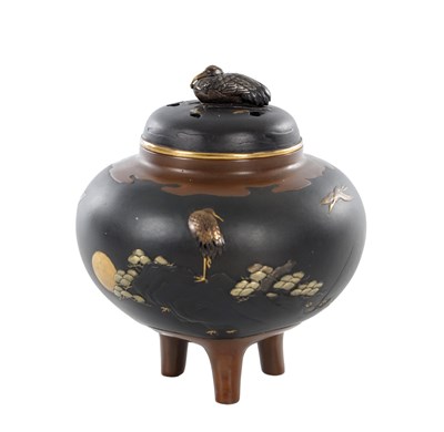 Lot 537 - A JAPANESE MEIJI PERIOD BRONZE AND MIXED-METAL TRIPOD CENSER AND COVER