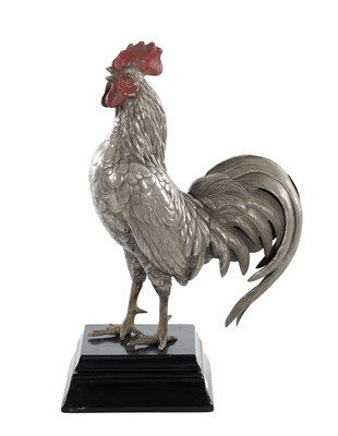 Lot 544 - A JAPANESE EARLY 20TH CENTURY SILVERED BRONZE MODEL OF A COCKEREL