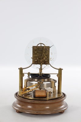 Lot 136 - THE REASON MANUFACTURING COMPANY LTD. AN EARLY 20TH CENTURY MURDAY TYPE ELECTRIC CLOCK WITH GLASS DIAL UNDER GLASS DOME ON TURNED MAHOGANY BASE