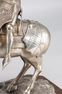 Lot 116 - A 925 SILVER FIGURE OF A KNIGHT ON HORSEBACK ON WOODEN BASE