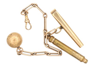 Lot 231 - A 9CT YELLOW GOLD ALBERTINA WITH WHISTLE AND PENCIL CHARMS