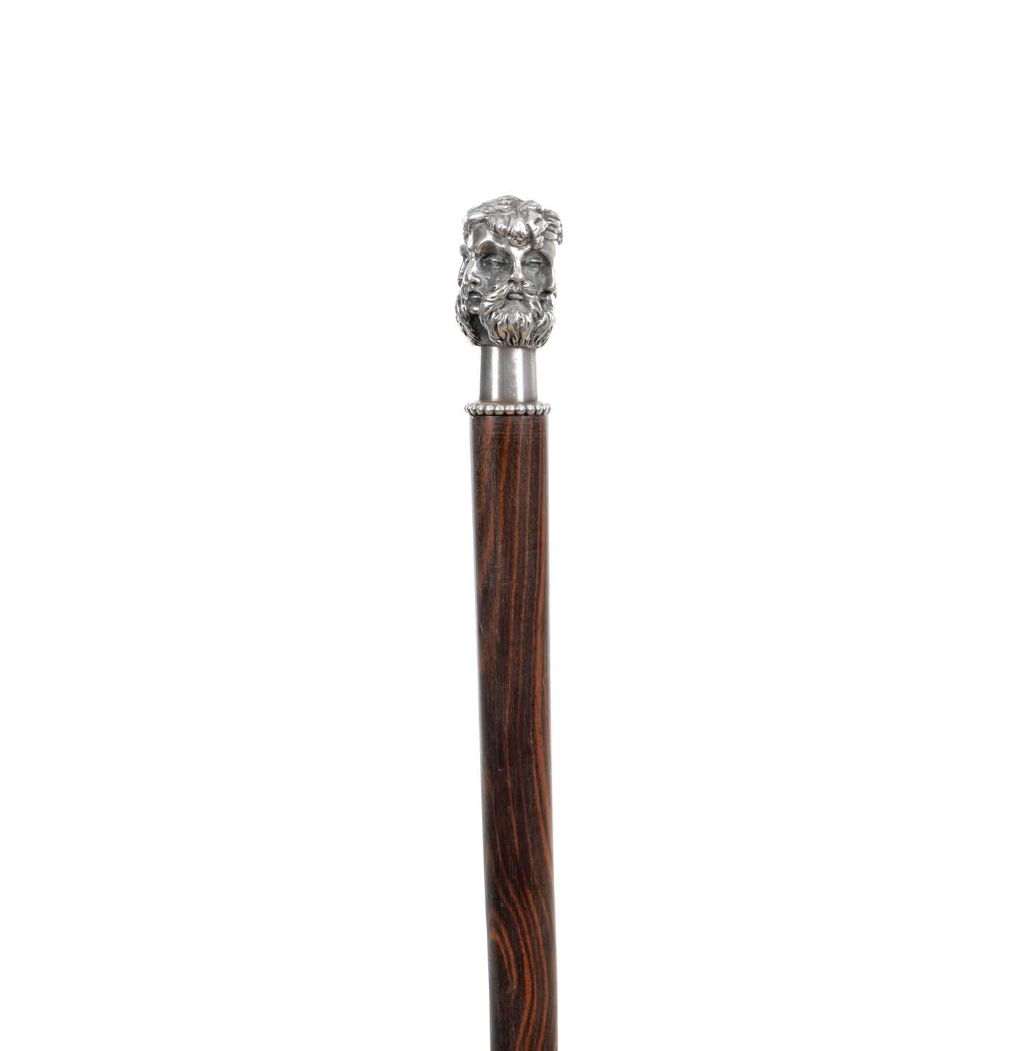 849 - A 19TH CENTURY MALACCA WALKING CANE WITH SILVER JANUS HANDLE