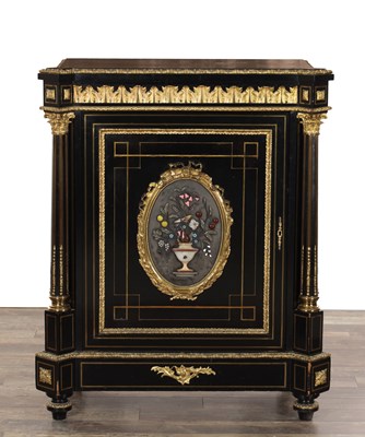 Lot 1554 - A FINE 19TH CENTURY PIETRA DURA AND ORMOLU MOUNTED EBONISED SIDE CABINET