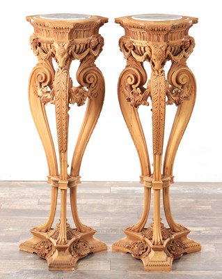 Lot 1456 - A PAIR OF LATE 20TH CENTURY CARVED WOOD PEDESTALS WITH MARBLE INSET TOPS