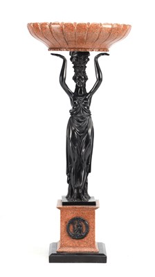 Lot 1025 - A 20TH CENTURY BRONZED CLASSICAL FIGURAL TAZZA WITH RED GRANITE DISH AND PLINTH