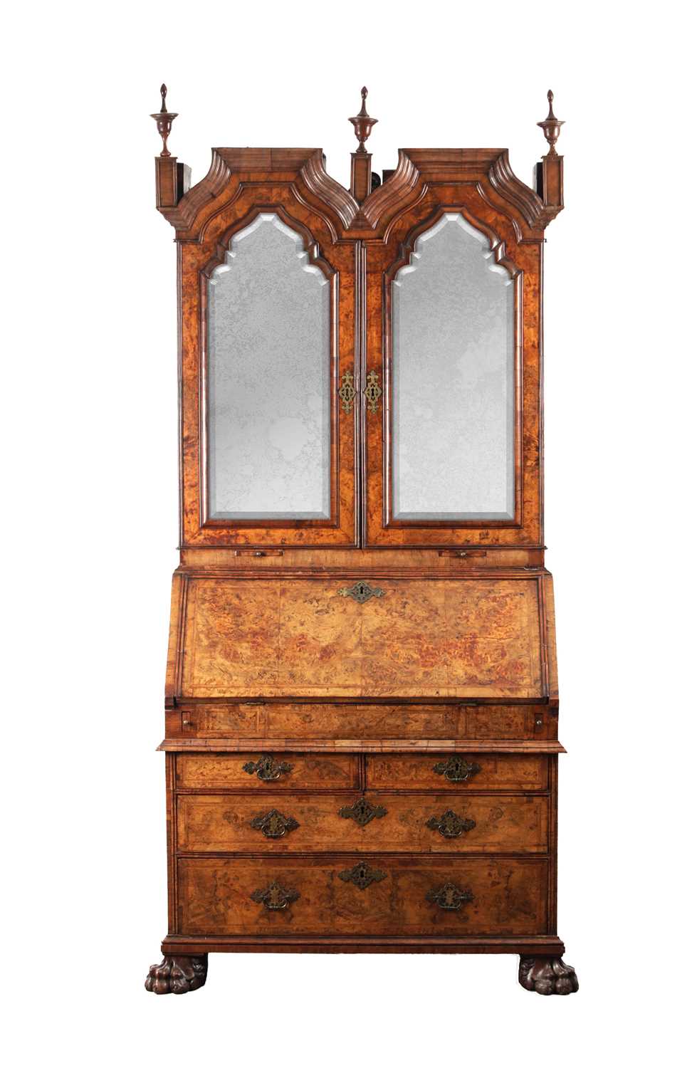 Lot 1539 - A GEORGE I BURR WALNUT BUREAU BOOKCASE WITH BROKEN ARCH PEDIMENT AND MIRRORED DOORS