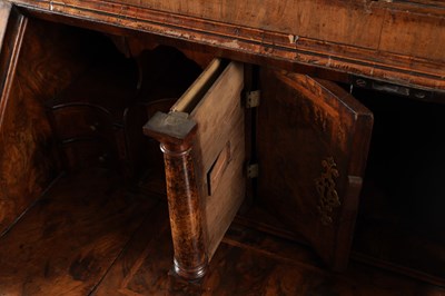 Lot 1539 - A GEORGE I BURR WALNUT BUREAU BOOKCASE WITH BROKEN ARCH PEDIMENT AND MIRRORED DOORS