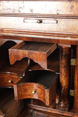Lot 1539 - A GEORGE I BURR WALNUT BUREAU BOOKCASE WITH BROKEN ARCH PEDIMENT AND MIRRORED DOORS