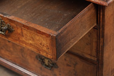 Lot 1539 - A GEORGE I BURR WALNUT BUREAU BOOKCASE WITH BROKEN ARCH PEDIMENT AND MIRRORED DOORS