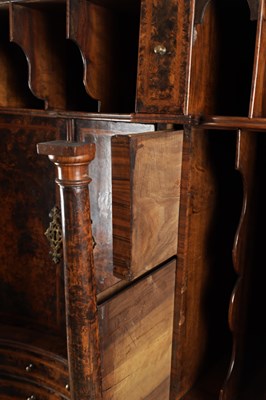 Lot 1539 - A GEORGE I BURR WALNUT BUREAU BOOKCASE WITH BROKEN ARCH PEDIMENT AND MIRRORED DOORS