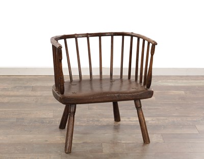 Lot 1559 - AN 18TH CENTURY ASH AND ELM STICK BACK ARMCHAIR WITH CONTINUOUS HOOP BACK