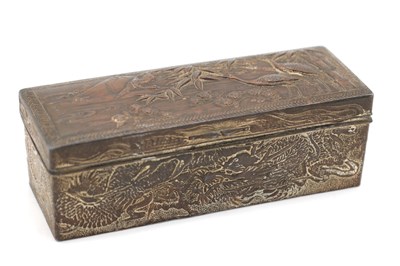 Lot 937 - A 19TH CENTURY COPPER RECTANGULAR BOX WITH DRAGON AND BIRD RELIEF DECORATION