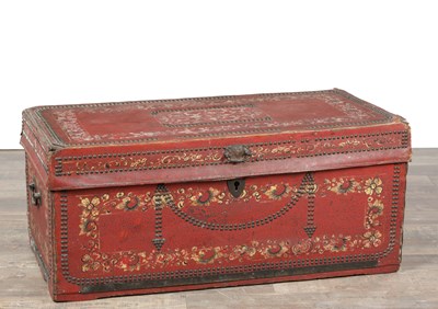 Lot 558 - A 19TH CENTURY CHINESE EXPORT PAINTED LEATHER BOUND CAMPHORWOOD TRUNK