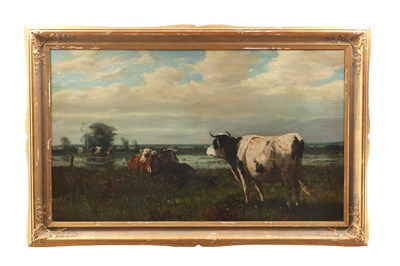 Lot 682 - WILLIAM FREDERICK HULK (BRITISH, 1852-1922) AN OIL ON CANVAS LANDSCAPE WITH CATTLE