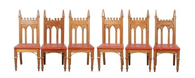 Lot 1450 - A SET OF SIX 19TH CENTURY GOTHIC REVIVAL OAK SIDE CHAIRS IN THE MANNER OF PUGIN