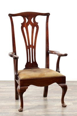 Lot 1466 - AN UNUSUAL GEORGE II WALNUT OPEN ARMCHAIR OF LARGE SCALE POSSIBLY AMERICAN