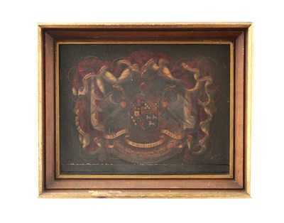 Lot 979 - AN 18TH CENTURY PAINTED COACH DOOR PANEL OF AN ARMORIAL CREST