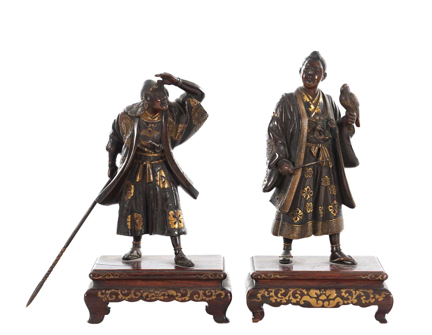 Lot 493 - A FINE PAIR OF LATE 19TH CENTURY JAPANESE MEIJI BRONZE FIGURAL SCULPTURES BY MIYAO