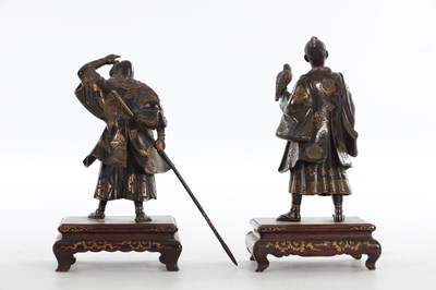 Lot 493 - A FINE PAIR OF LATE 19TH CENTURY JAPANESE MEIJI BRONZE FIGURAL SCULPTURES BY MIYAO